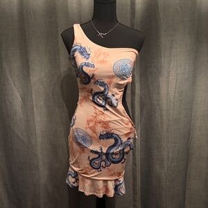 Fashion Nova One-Shoulder Dress with Blue Dragon Design